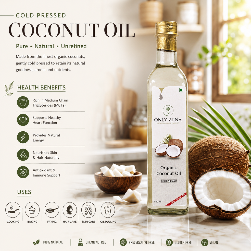 A bottle of ONLY ANA cold pressed Coconut Oil stands on a marble surface with coconuts, a small bowl of coconut pieces, and a blurred kitchen background. Text on the left describes cold pressed coconut oil benefits and uses, with icons for cooking, baking, frying, hair care, skin care, and oil painting.