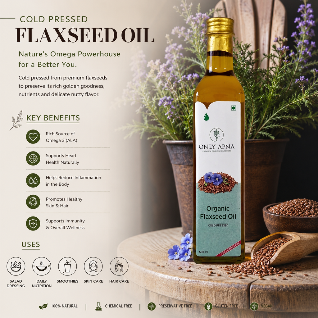 A bottle of ONLY AFNA Cold Pressed Flaxseed Oil displayed on a rustic wooden table with plants, seeds, and informational text overlays.